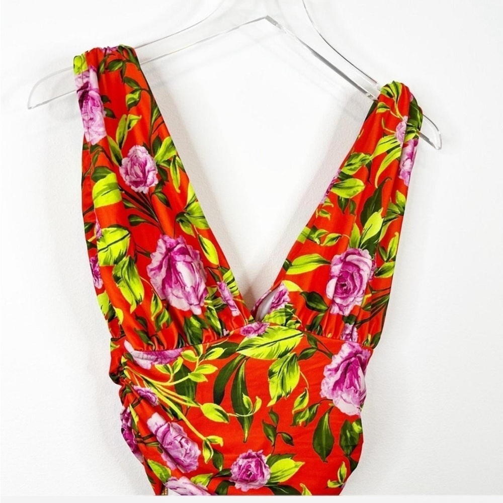 Zara Floral Ruched Draped Bodysuit Red Orange V-Neck Sleeveless Women’s Small - Picture 6 of 9